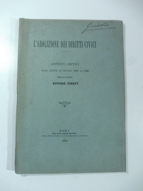 L'abolizione dei diritti civici alla legge 24 giugno 1888 n. …