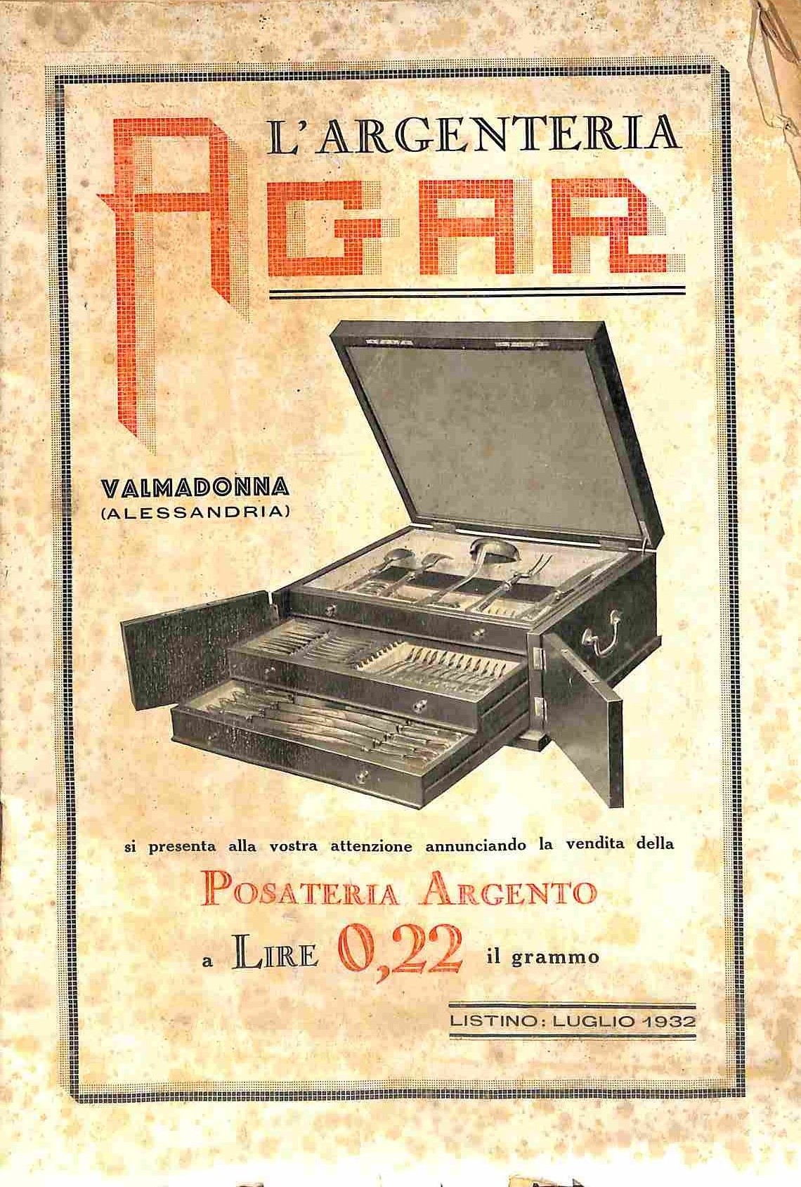 L'argenteria Agar. Valmadonna (Alessandria). Listino luglio 1932