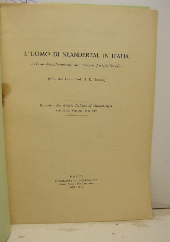 L'uomo di Neandertal in Italia. Nota. Estratto dalla Rivista di …