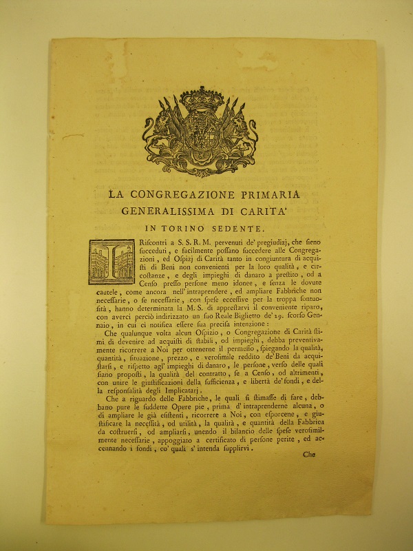 La Congregazione primaria generalissima di carita' in Torino sedente.