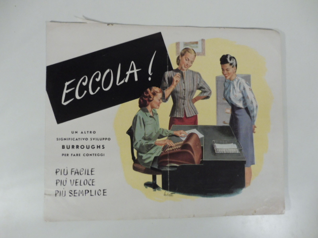 La nuova calcolatrice Burroughs elettrica duplex. Pieghevole pubblicitario