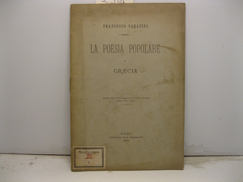 La poesia popolare in Grecia. Estratto dalla Rivista Romana di …