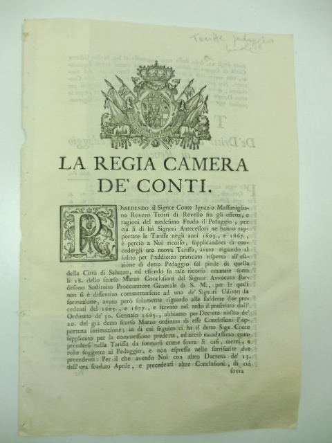 La Regia Camera de' conti. Possedendo il Signor Conte Ignazio …
