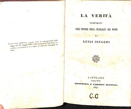 La verita' comparata coll'ipotesi della pluralita' dei mondi LEG. CON: …