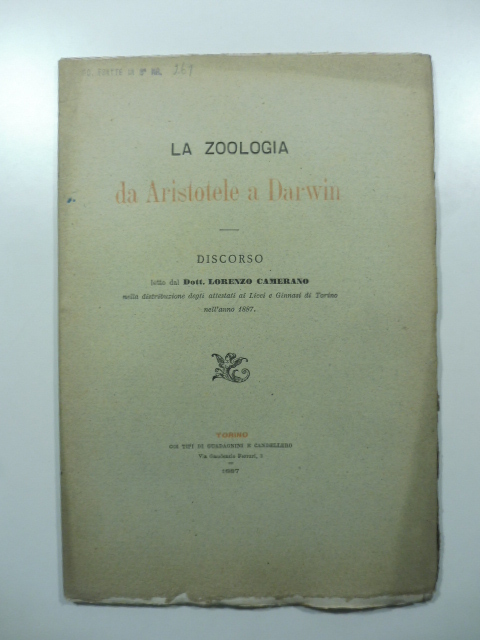 La zoologia da Aristotele a Darwin. Discorso