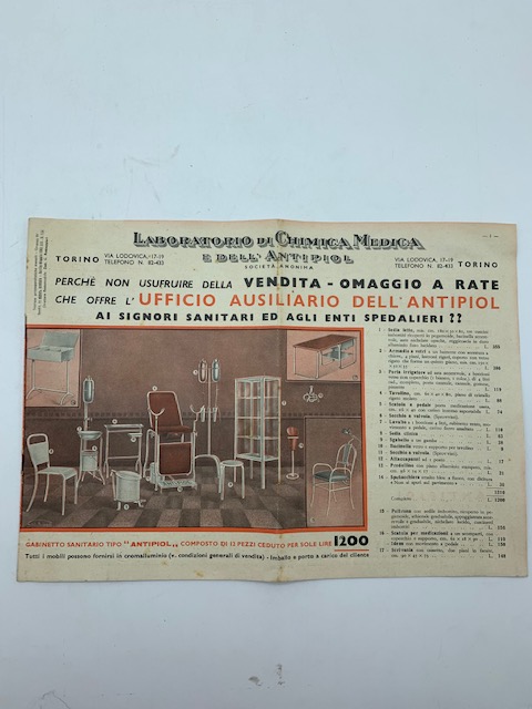 Laboratorio di chimica medica e dell'Antipiol. Torino (Catalogo di mobili …