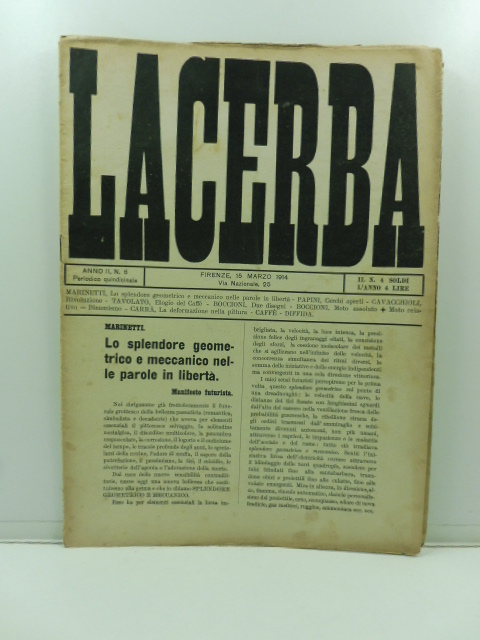 Lacerba. Periodico quindicinale, anno II, n. 6, Firenze, 15 marzo …