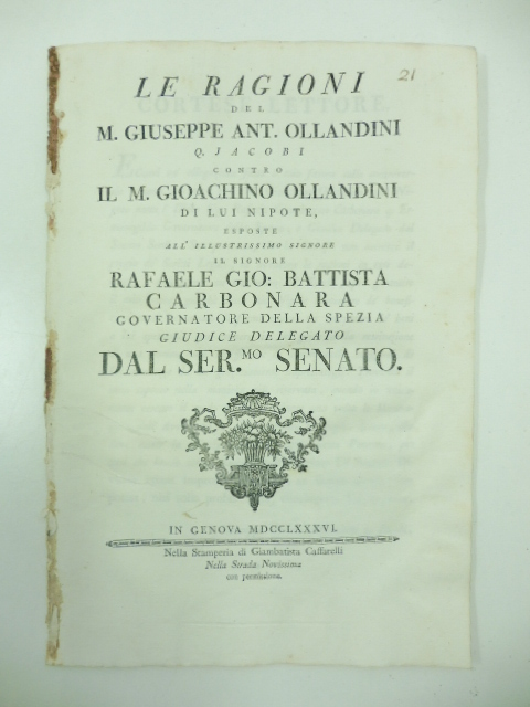 Le ragioni del M. Giuseppe Ant. Ollandini Q. Jacobi contro …