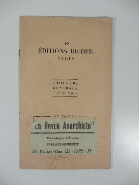 Les editions Rieder, Paris. Litterature generale, avril 1930