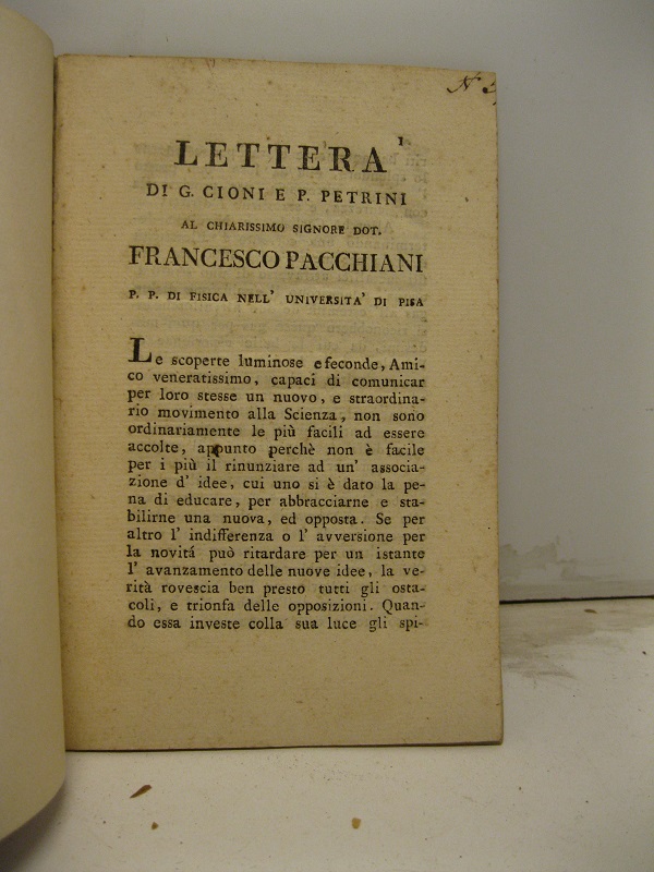 Lettera al Chiarissimo Sig. Dot. Francesco Pacchiani P.P. di fisica …