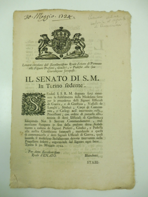 Lettera circolare dell'Eccellentissimo Reale Senato di Piemonte alli Signori Prefetti, …