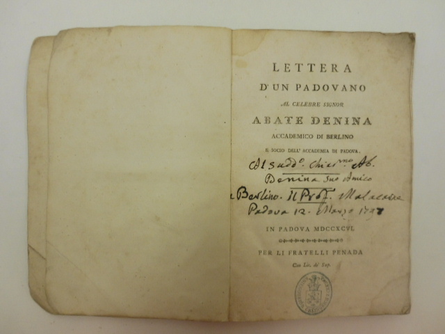 Lettera d'un padovano al celebre Signor abate Denina accademico di …