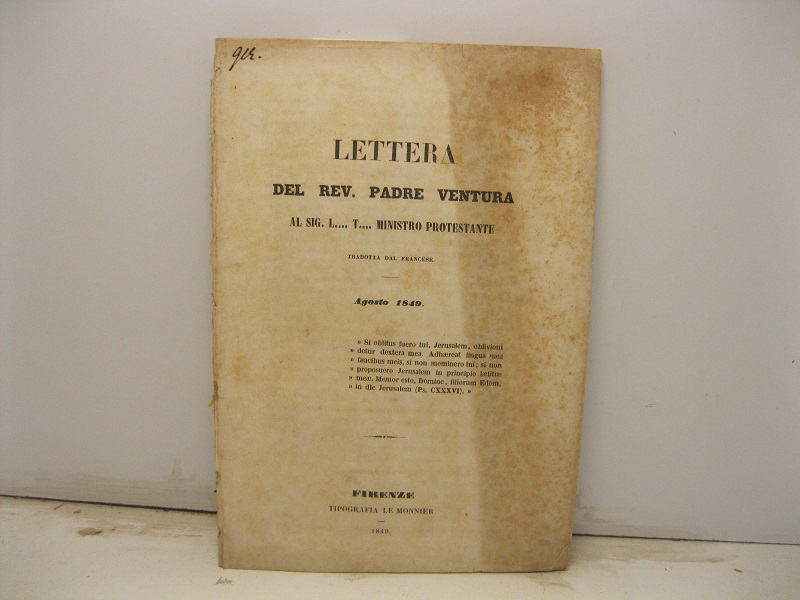 Lettera del rev. Padre Ventura al sig. L. T. ministro …