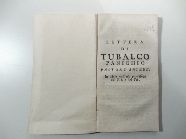 Lettera di Tubalco Panichio pastore arcade in difesa dell'uso promiscuo …