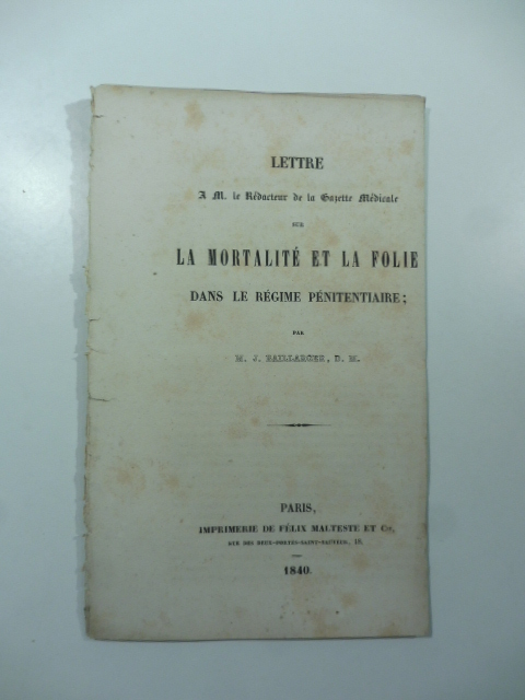 Lettre a M. le Redacteur de la Gazette Medicale sur …