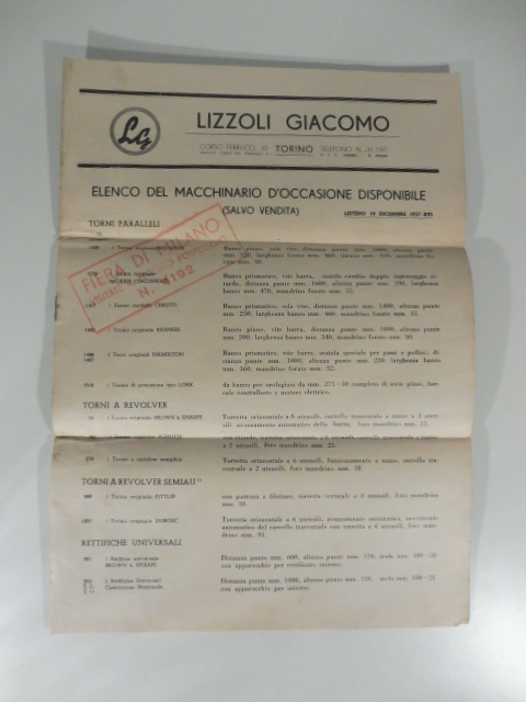 Lizzoli Giacomo. Elenco del macchinario d'occasione disponibile