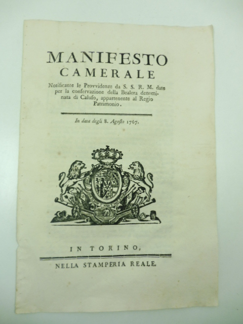 Manifesto camerale notificante le provvidenze da S. S. R. M. …