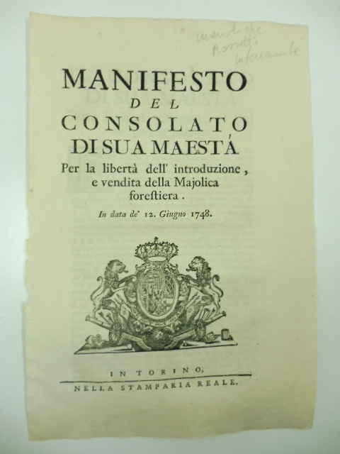 Manifesto del consolato di Sua Maesta' per la liberta' dell'introduzione …