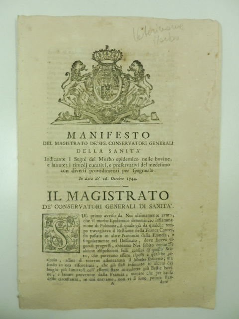 Manifesto del magistrato de' sig. conservatori generali della sanita' indicante …