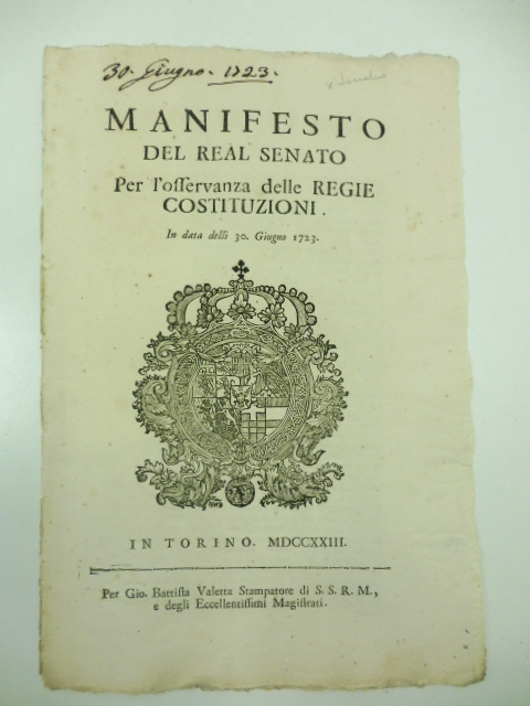 Manifesto del Real Senato per l'osservanza delle regie costituzioni in …