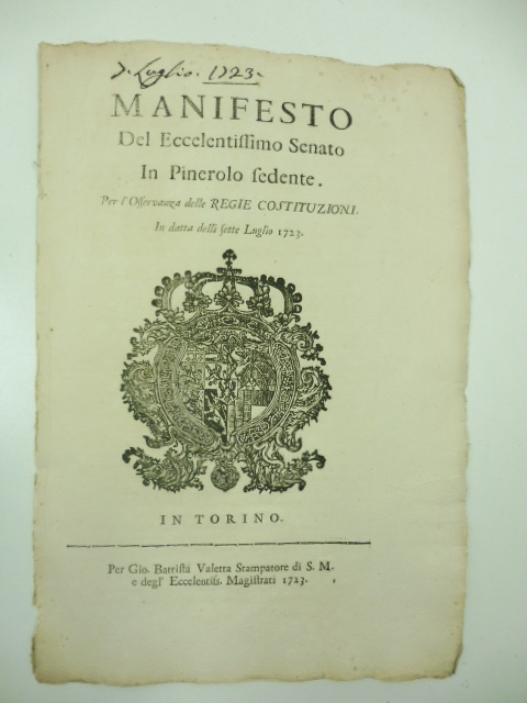 Manifesto dell'eccellentissimo senato in Pinerolo sedente per l'osservanza delle regie …