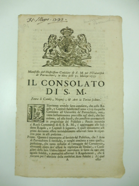MANIFESTO DELL'ILLUSTRISSIMO CONSOLATO DI S. M. PER L'UNIVERSITA' DE' PARRUCCHIERI …