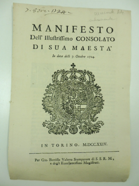 Manifesto dell'illustrissimo consolato di Sua maesta' in data delli 7 …