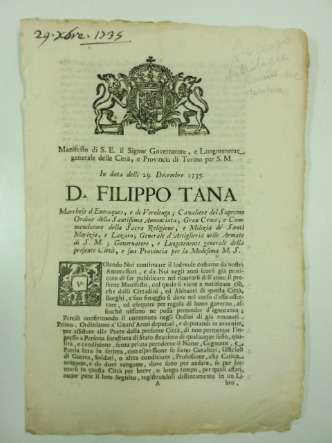 Manifesto di S. E. il Signor Governatore e Luogotenente generale …