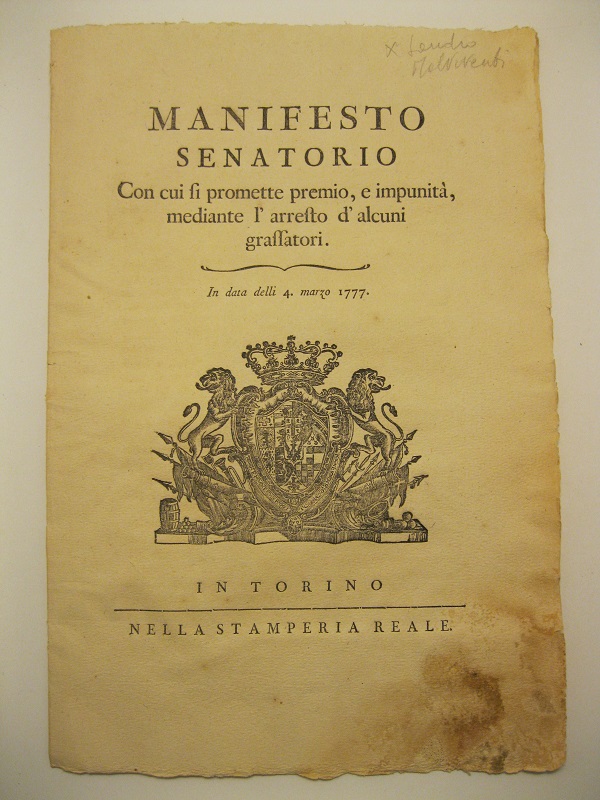 Manifesto senatorio con cui si promette premio e impunita' mediante …