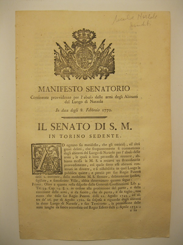 Manifesto senatorio continente provvidenze per l'abuso delle armi degli abitanti …