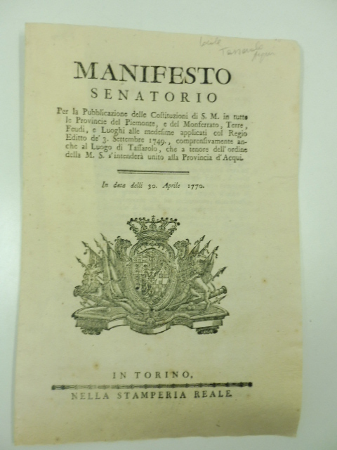 Manifesto senatorio per la pubblicazione delle costituzioni di S. M. …