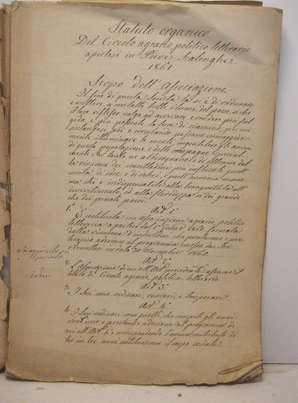 Manoscritto dello Statuto organico del circolo agrario, politico, letterario apertosi …