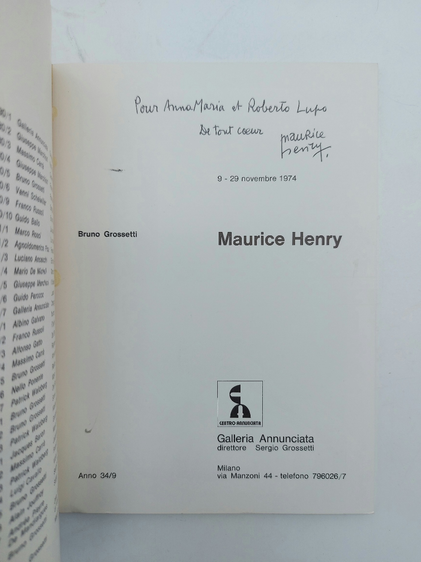 Maurice Henry. Galleria Annunciata 9-29 novembre 1974 (con dedica autografa …