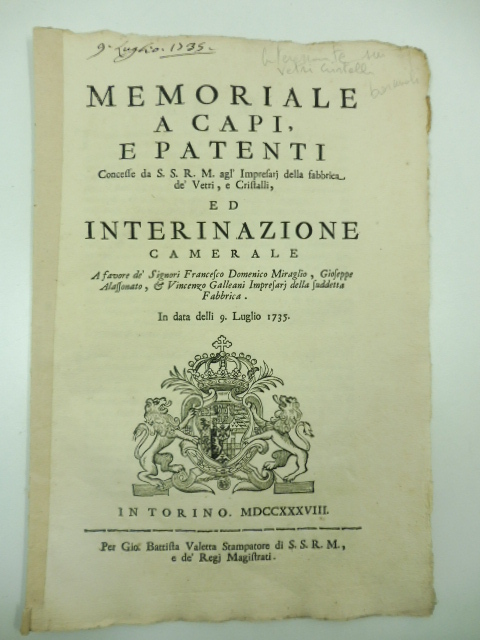 Memoriale a capi e patenti concesse da S. S. R. …