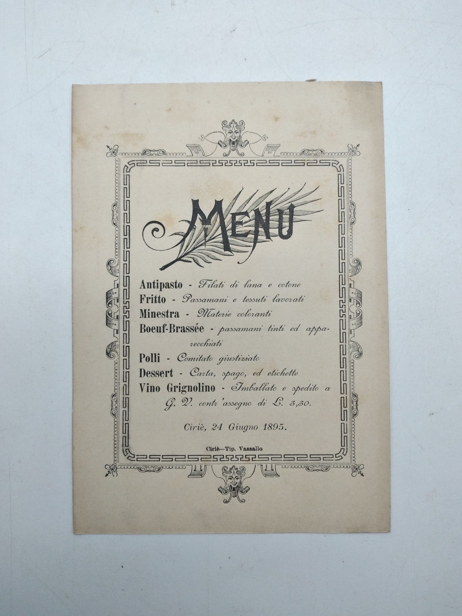 Menu'. Cirie' 24 giugno 1895