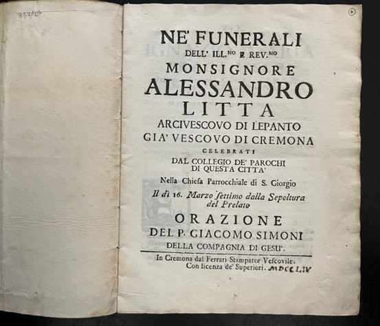 Ne' funerali dell'Ill.mo e Rev.mo monsignore Alessandro Litta arcivescovo di …