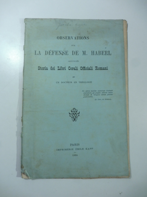 Observations sur la defense de M. Haberl intitulee Storia dei …
