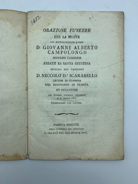 Orazione funebre per la morte del reverendissimo padre D. Giovanni …