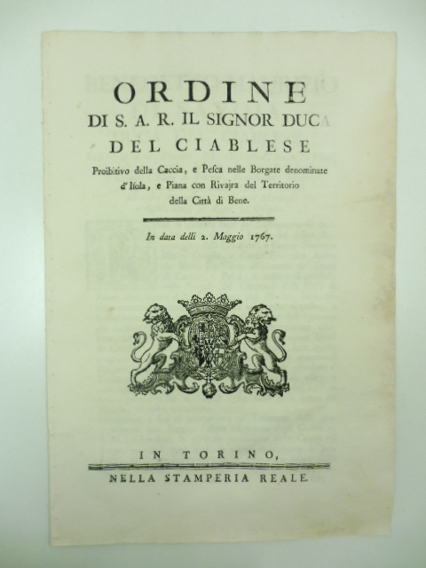 Ordine di S. A. R. il signor duca di Ciablese …