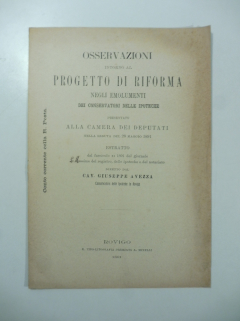 Osservazioni intorno al progetto di riforma negli emolumenti dei conservatori …