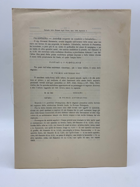 Palestrina. Antichita' scoperte in vocabolo Colombella