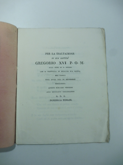 Per la esaltazione di sua Santita' Gregorio XVI. alla sede …