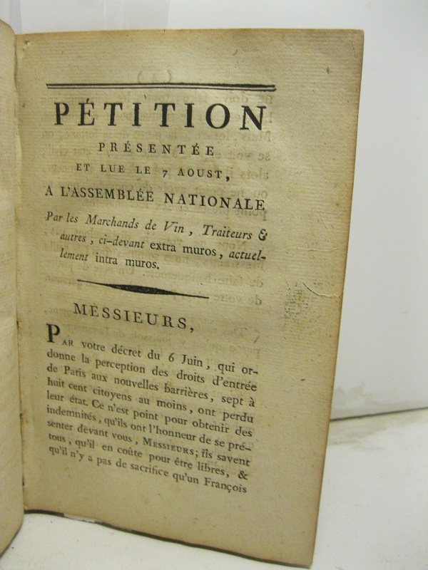 Petition pre'sente'e a' l'Assemble'e nationale par les marchands de vin. …
