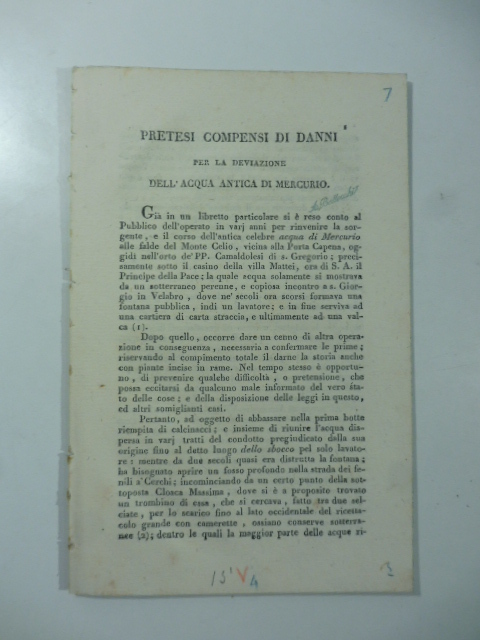 Pretesi compensi di danni per la deviazione dell'acqua antica di …