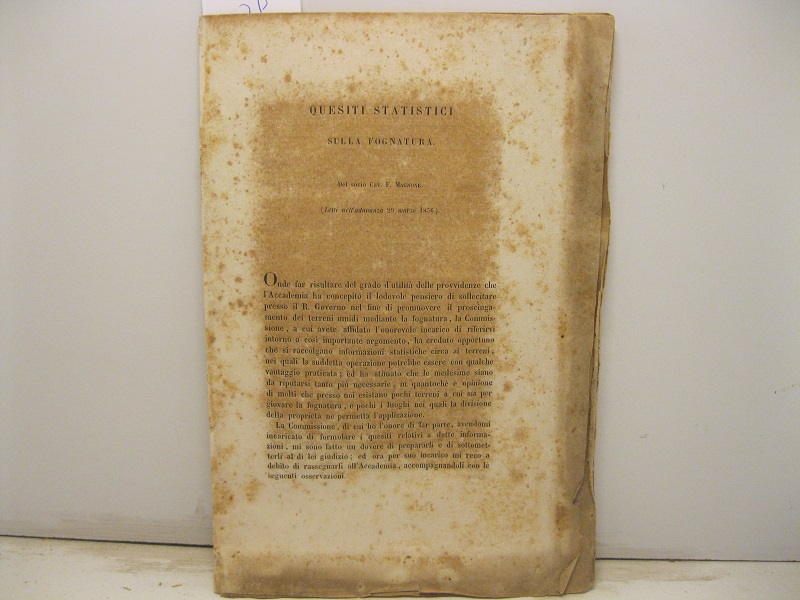 Quesiti statistici sulla fognatura letto nell'adunanza 29 marzo 1856
