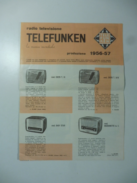 Radio televisione Telefunken. Produzione 1956-57. Pieghevole pubblicitario