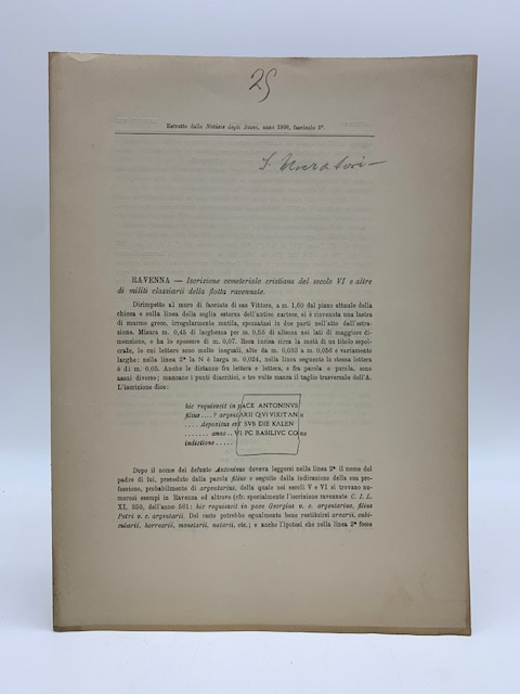 Ravenna. Iscrizione cemeteriale cristiana del secolo VI e altre di …