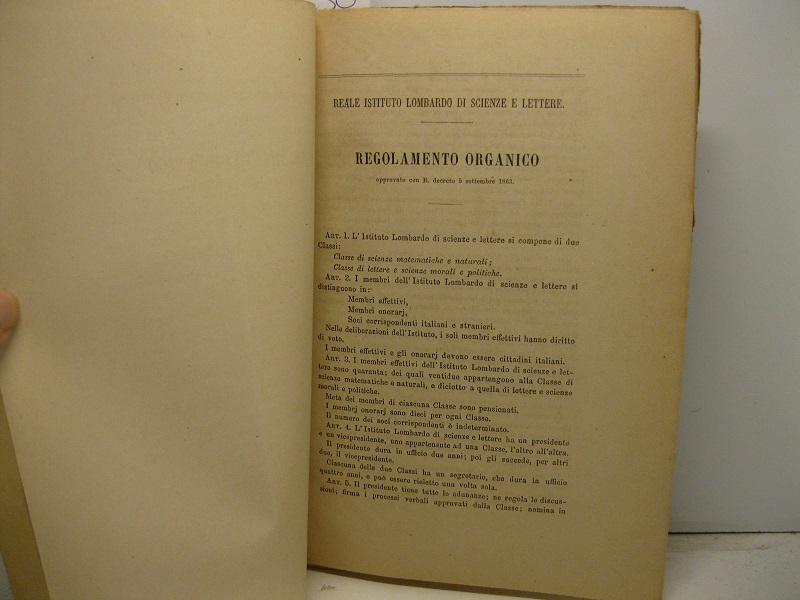 Reale Istituto Lombardo di Scienze e Lettere. Regolamento approvato con …
