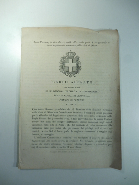 Regie patenti Carlo Alberto abbiamo instituito nella citta' di Nizza …