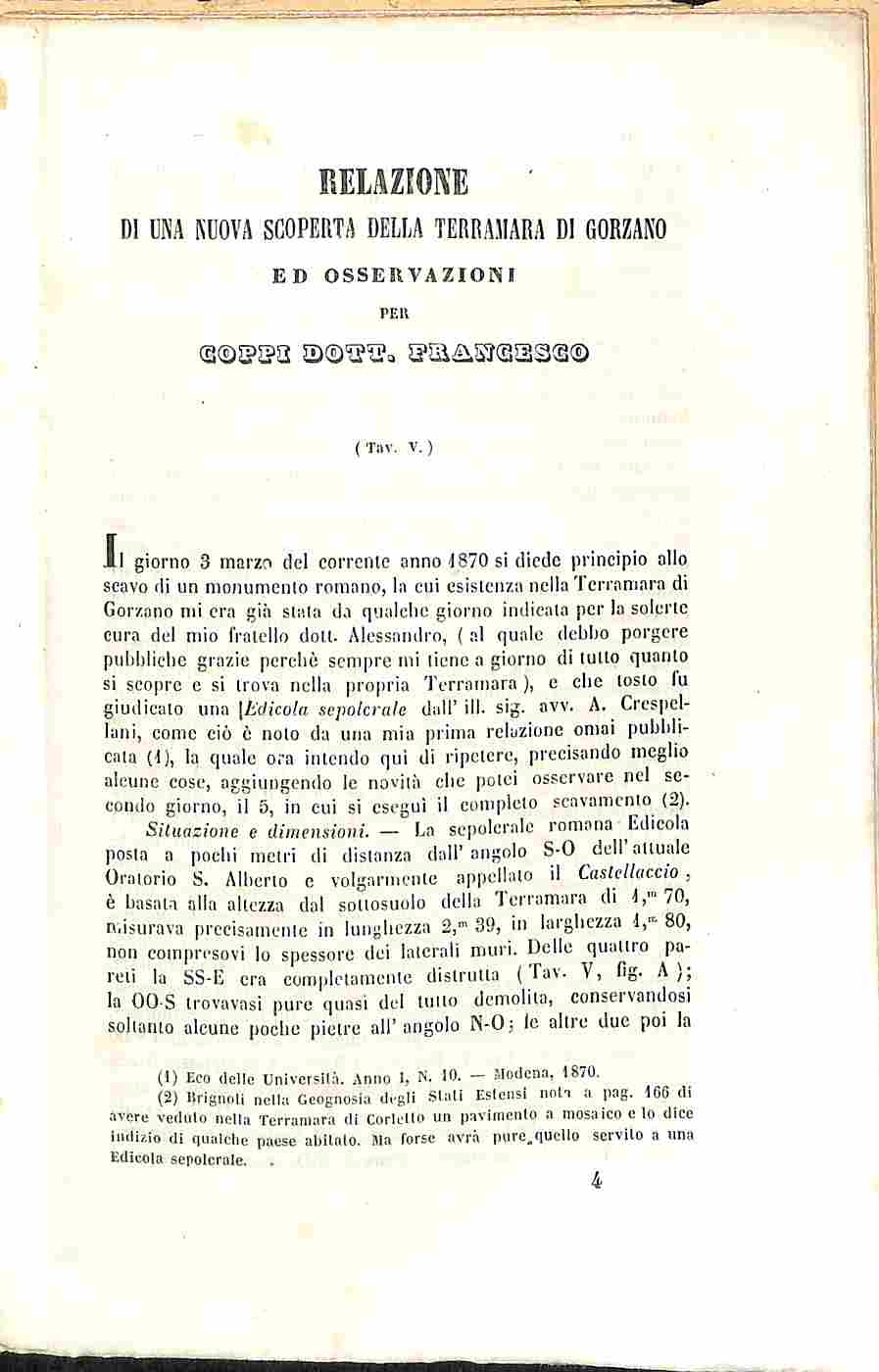 Relazione di una nuova scoperta della Terramara di Gorzano